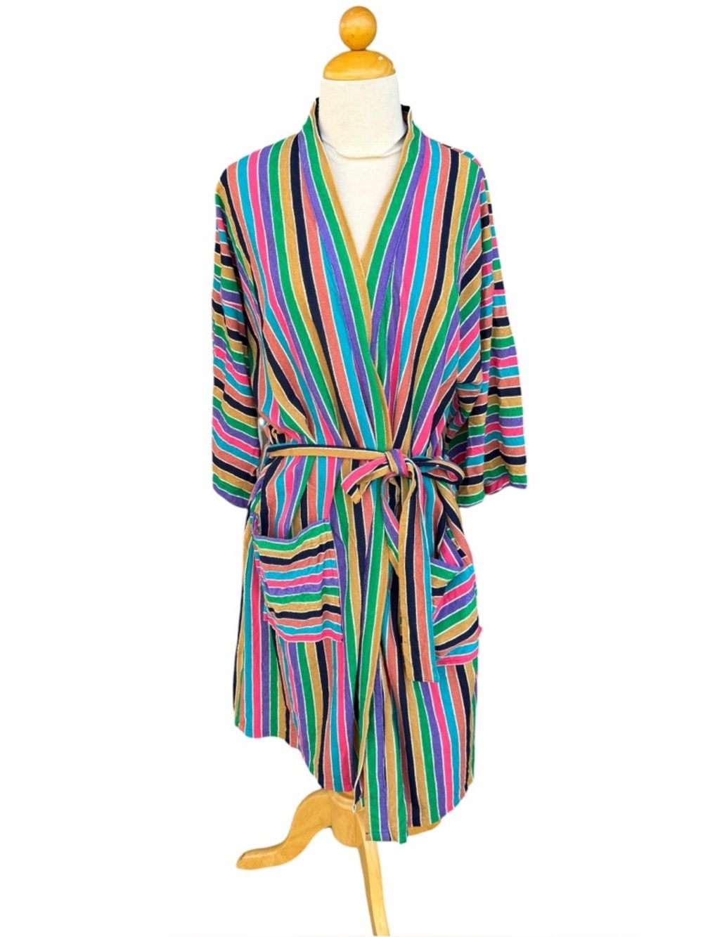 VTG 70s Rainbow Stripe Short Robe Arnold Christensen Polyester Patch Pockets